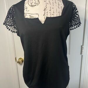 Black Short Sleeve Blouse with Shoulder Accent